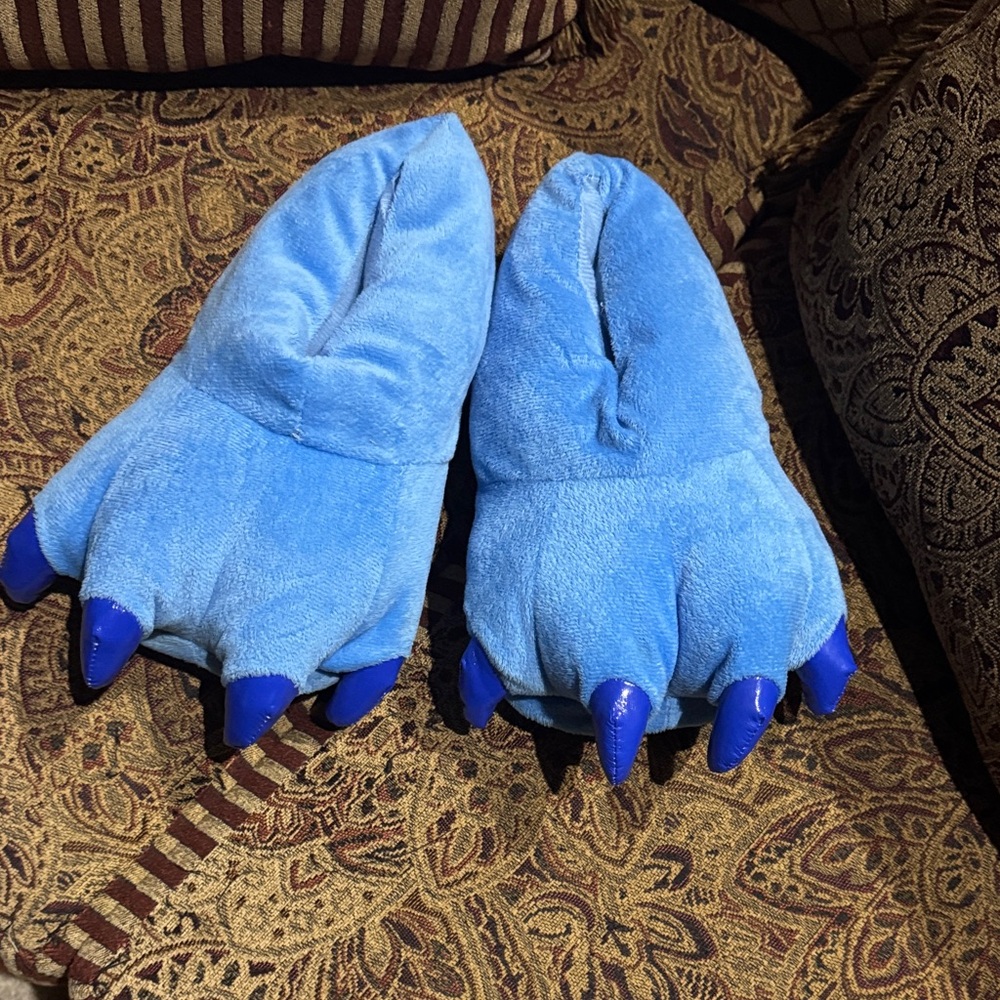 Blue Plush Dinosaur Claw Slippers